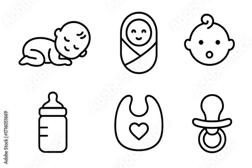 Newborn baby outline icon set. Simple linear infant care symbols. Sleeping child, swaddled baby, pacifier, bottle, and bib vector illustrations. Baby shower graphic elements.