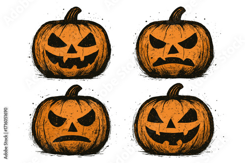 Halloween pumpkin icon set in grunge style, spooky jack-o’-lantern faces with various scary expressions, Halloween vector cartoon illustrations, transparent background, autumn decoration symbols