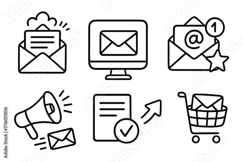 Email marketing vector line icon set. Digital communication, newsletter campaign, promotion, web mail, inbox notification, e-commerce cart, and sent message icons concept.