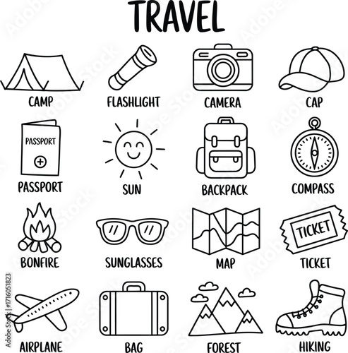 Travel essentials icons set for vacation planning and adventure trip packing list checklist vector art