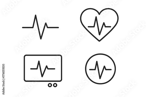 Heartbeat pulse line and cardiogram icon set. EKG ECG wave medical cardiology health monitor symbol. Simple linear outline vector illustration with editable stroke.