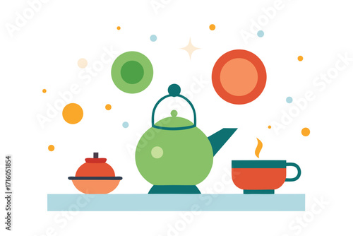 Surreal Tea Ceremony in Zero Gravity A Conceptual Vector Illustration on White