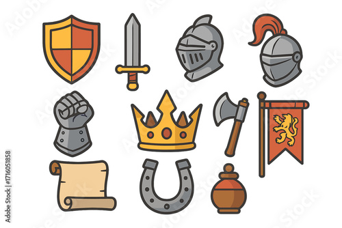 Medieval knight and kingdom icon set. Cartoon vector illustration for fantasy RPG games. Includes shield, sword, helmet, crown, gauntlet, axe, flag, and scroll icons.