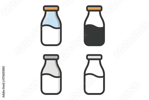 Milk glass bottle vector icon set. Flat cartoon illustration. Fresh dairy product, liquid beverage, breakfast drink. Nutrition concept. Includes silhouette and line art styles.