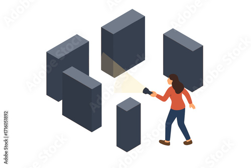 Concept 404 error, page not found. Woman with flashlight lost in dark abstract maze, searching for way out. Problem, connection lost metaphor for web page unavailable. Isometric vector.