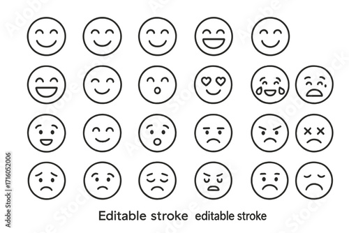 Emoticon line icon set. Smile face and mood expression pack. Editable stroke vector for web and apps. Feedback and rating symbols. Happy, sad, love, angry emoji.