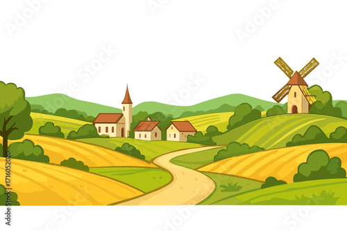 Idyllic countryside panorama with a small village, church, and windmill. Cartoon vector of a rural farm scene with rolling green hills and yellow wheat fields. Summer.