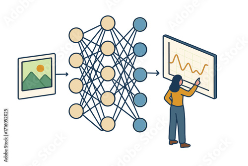 Isometric neural network illustration with three layers processing photo input, woman analyzing data graph, AI technology, machine learning, deep learning concept, abstract digital data visualization