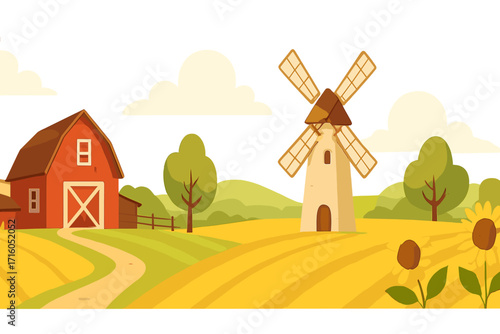 Farm landscape with red barn and windmill. Vector cartoon illustration of a rural countryside with wheat fields and sunflowers. Summer agriculture, harvest concept banner.