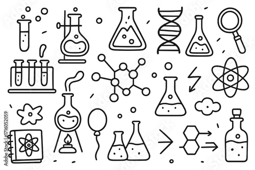 Science and chemistry doodle icons. Hand drawn lab equipment collection for experiment and research. Vector outline illustration of test tube, flask, molecule, atom and DNA.