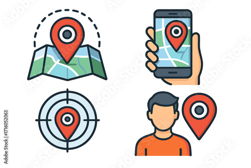 Location pin icon set for navigation and mapping. GPS tracking on mobile phone app. Folded map with destination pointer. User position and target marker vector collection.