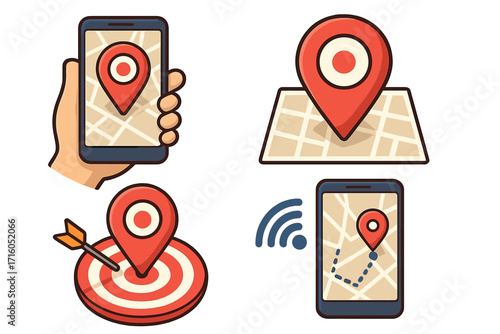 Vector icon set for GPS navigation and location tracking. Mobile app with map, pin pointer on phone screen. Destination route finding and target marketing concept illustration.