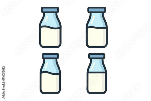 Milk bottle icon set in flat style, vector cartoon illustration with transparent background, ordered design collection of dairy milk containers, fresh milk packaging