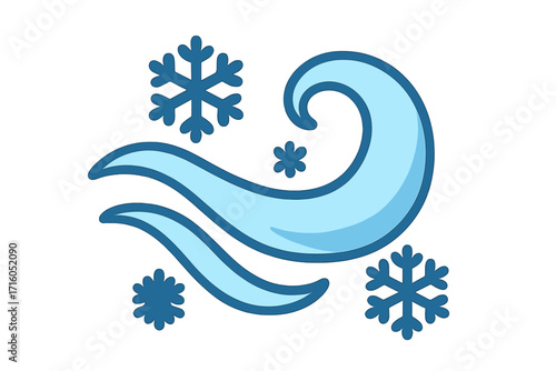Winter weather icon with blowing snow and wind gust. Cold blizzard symbol in flat cartoon style. Vector illustration of a snowstorm, snowflakes, and freezing air current.