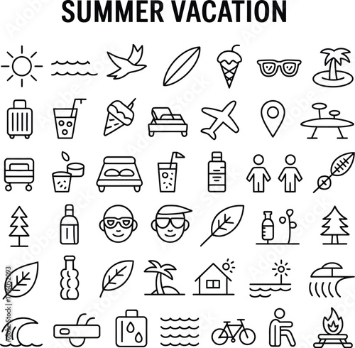 Summer vacation travel icons set vector illustration for holiday trip and tourism adventure plan 100