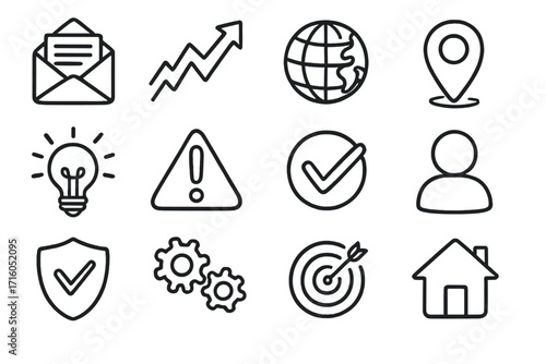Business and web thin line icon set. Universal icons for website and mobile app. Vector symbols of growth, idea, security, target, user, location, home, mail, globe.