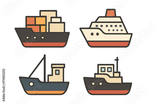 Ship and boat vector icon set. Cartoon collection with cargo container ship, cruise liner, fishing trawler, and tugboat. Maritime transport and sea travel illustration.