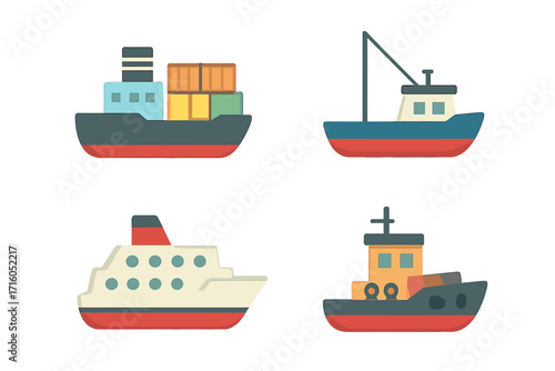 Ship and boat vector illustration set. Flat design cartoon icon collection of maritime transport. Includes cargo container ship, cruise liner, fishing boat, and tugboat icons.