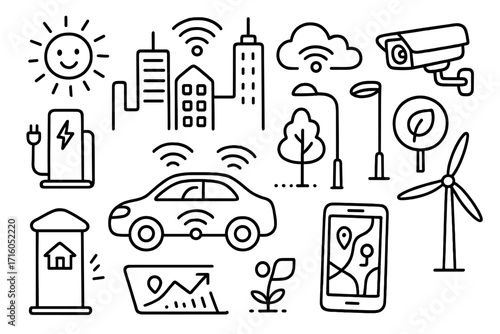 Smart city technology and green energy vector line icon set. Urban innovation with connected car, EV charging, wind turbine. Sustainable living & renewable resources symbols.