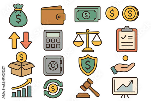 Finance and business flat icon set. Vector collection of money, banking, law and investment symbols. Economy, justice, currency, savings, profit growth and legal concepts.