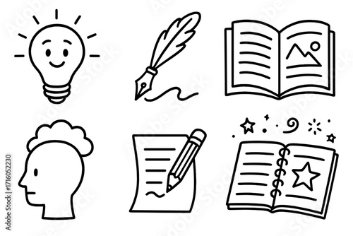 Creative writing and storytelling icon set. Doodle vector collection for education, learning and brainstorming. Lightbulb idea, quill pen, magic book and thinking concept.