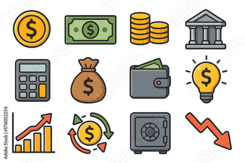 Finance vector icon set. Money, business, banking cartoon symbols collection. Cash, coin, bank, wallet, safe, calculator, investment idea, profit growth, loss chart.