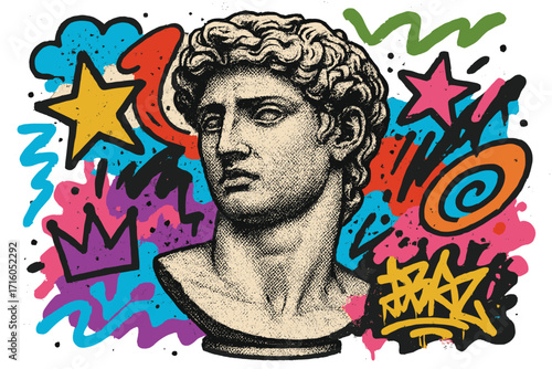 Art collage with antique Greek statue and street art graffiti elements. Modern pop art poster concept. Classic sculpture bust meets urban contemporary style. For trendy t-shirt print.