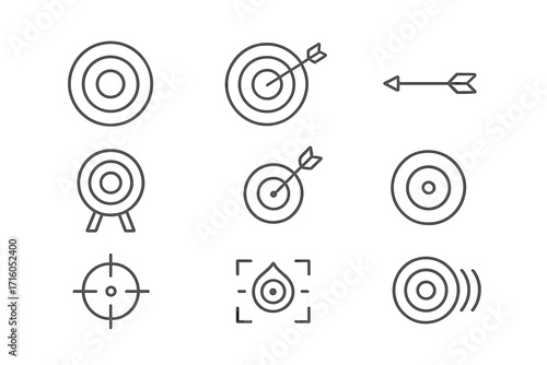 Target and arrow thin line icon set. Bullseye with dart, aim, and goal concepts. Editable stroke vector icons for business strategy, marketing success, and objective.