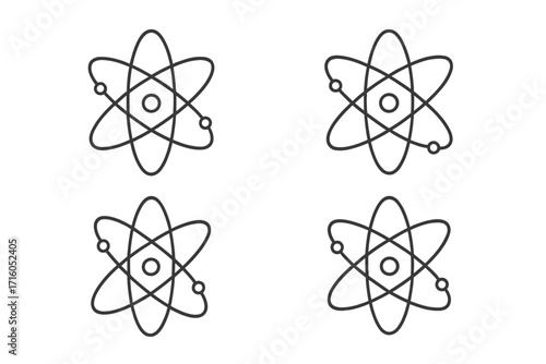 Atom icon set. Science, physics, and chemistry symbol collection. Vector line art of atomic particles, electrons, and nucleus orbit for technology and education concepts.