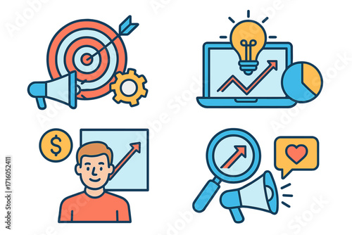 Digital marketing agency icon set. Business growth strategy, data analytics, SEO research concept. Financial success, creative idea, target goal, social media promotion icons.