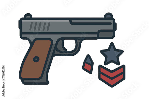 Military pistol and army rank insignia. Vector icon of a gun, star, and chevrons. Symbol for armed forces, veterans day, or law enforcement. Weapon concept flat design.