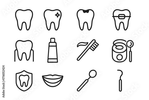 Dental care and stomatology line icon set. Dentist, orthodontics, and oral hygiene symbols. Tooth, caries, braces, toothpaste, toothbrush, and floss vector icons for web, UI.