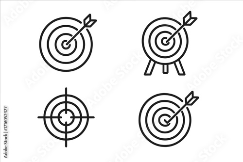 Target arrow icon set. Business goal and marketing objective concept. Vector line art of aim, focus, success. Bullseye symbol. Editable stroke illustration for web, apps.
