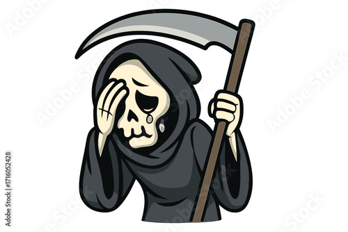Sad Grim Reaper character crying. Death with scythe feeling sorrow and grief. Funny cartoon mascot concept for Halloween. Vector illustration of a depressed skeleton personage.