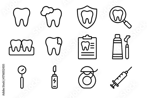 Dental care and stomatology line icon set. Dentistry, oral hygiene, and tooth treatment concept. Icons for dentist clinic, caries, floss, toothpaste, and checkup.