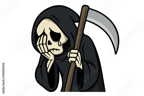 Sad crying grim reaper cartoon character. Unhappy death mascot weeping with sorrow. Depressed skeleton with scythe expressing grief and despair. Emotional death concept vector.
