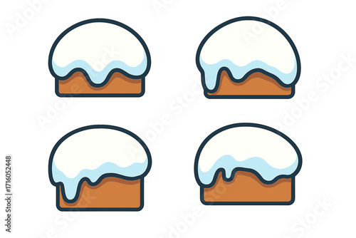 Snowball icon set for winter games. Flat cartoon vector illustration collection. Snow ball fight elements, flying, hitting target, and melting process. Cold frozen sphere shape.