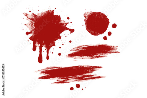 Blood stain vector set. Splatter, drip, smudge, brush stroke. Red paint, ink splash collection. Halloween horror, crime scene decoration. Grunge vintage halftone texture.
