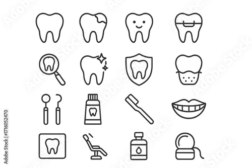 Dental care and stomatology line icon set. Dentistry, orthodontics, and hygiene concepts. Tooth, caries, braces, implant, tools, toothpaste, floss. Editable stroke vector icons.