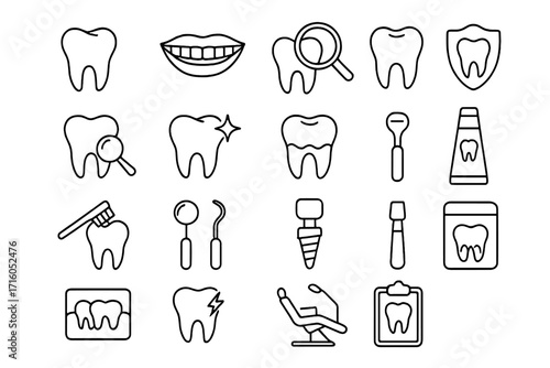 Dentistry and stomatology line icon set. Vector symbols for dental care, oral hygiene, and clinic services. Includes tooth, implant, tools, and x-ray. Editable stroke.