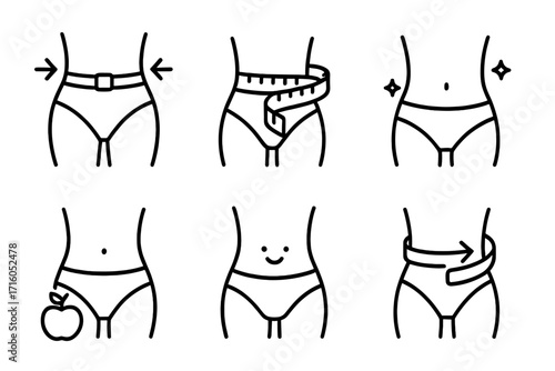 Weight loss & diet line icon set. Body shaping, fitness concepts. Female waist, belly measurement with tape measure. Healthy lifestyle, slim body vector graphics.