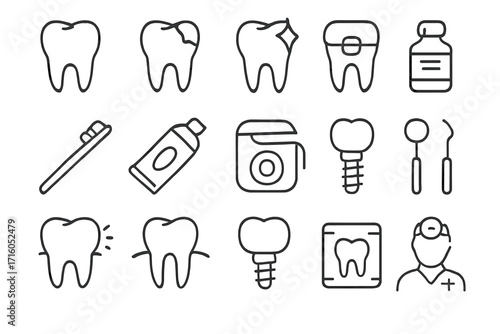Dentistry and stomatology thin line icon set. Dental care, oral hygiene concept. Tooth, caries, implant, braces, floss, toothbrush, toothpaste, dentist vector icons.
