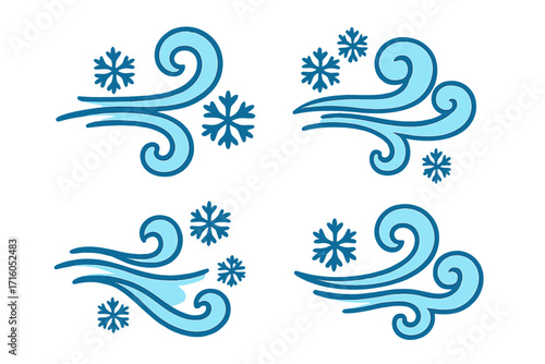 Blowing snow icon set. Winter wind and snowflakes vector symbols. Flat cartoon illustration of a cold blizzard, snowstorm, and freezing air. Weather forecast elements.