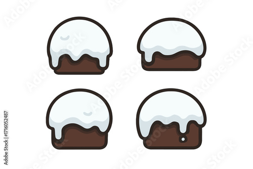 Snowball icon set in flat cartoon style. Vector collection with snow caps and snowdrifts. Winter dessert with frosting. Christmas holiday cold weather graphic elements.