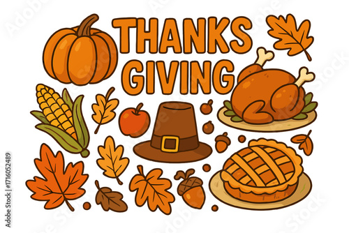 Thanksgiving day icon set. Cartoon vector collection with holiday symbols. Turkey dinner, pumpkin pie, pilgrim hat, corn, autumn leaves. Fall harvest festival celebration.