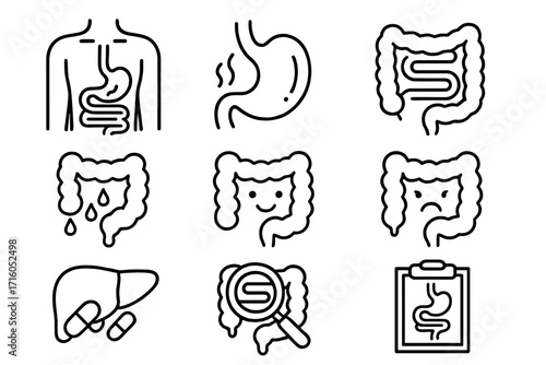 Gut health and digestion vector icon set. Gastroenterology, stomach, intestine, and colon line icons. Concepts for diagnosis, treatment, heartburn, and digestive problems.