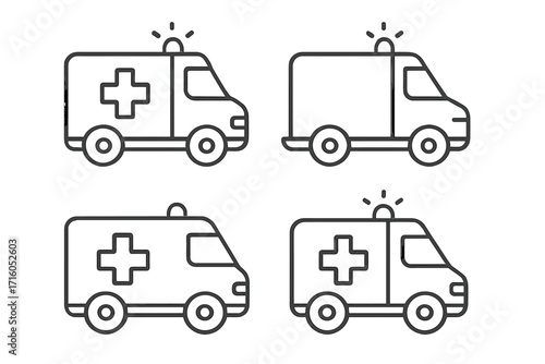 Ambulance outline icon set. Simple linear medical emergency vehicle collection. Editable stroke. Vector illustration for web, apps, hospital sign. First aid transport symbol.