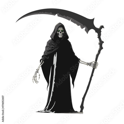 Vector illustration of a grim reaper in dark clothing holding a sword in his hand. Isolated on a white background.
