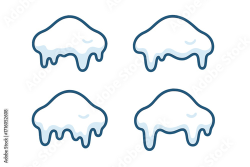 Snow caps vector set. Dripping snow effect icon. Winter snowdrift element with melting icicles. Frozen ice cap for Christmas decoration. Cartoon flat design style.