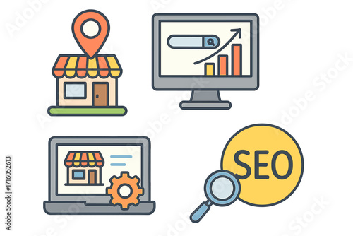 SEO services icon set. Local business marketing, search engine ranking growth, e-commerce management, web analytics. Digital promotion and online store optimization concept.
